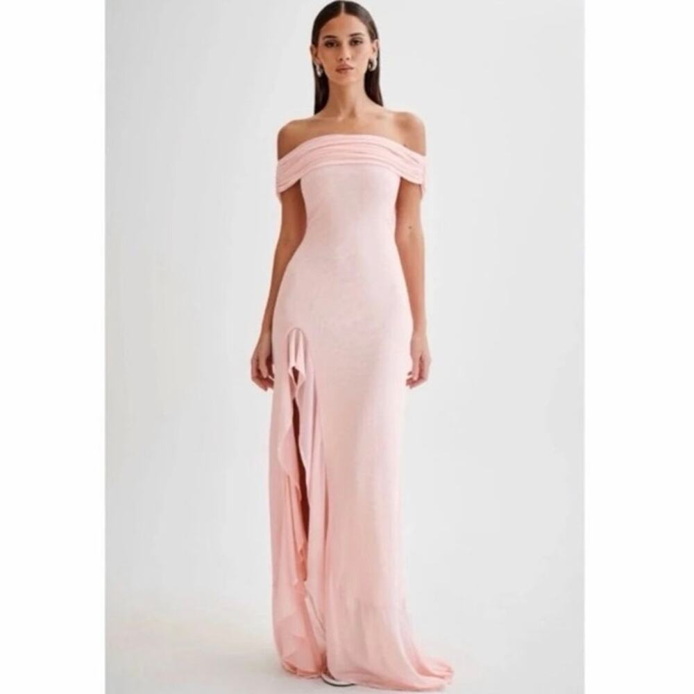 NWT Meshki Audrey Off Shoulder Mesh Maxi Dress Pale Pink Size Medium